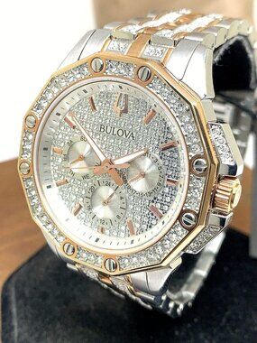 Bulova Men's Watch 98C133 Octava Quartz Crystals Rose Gold Silver Steel 42mm